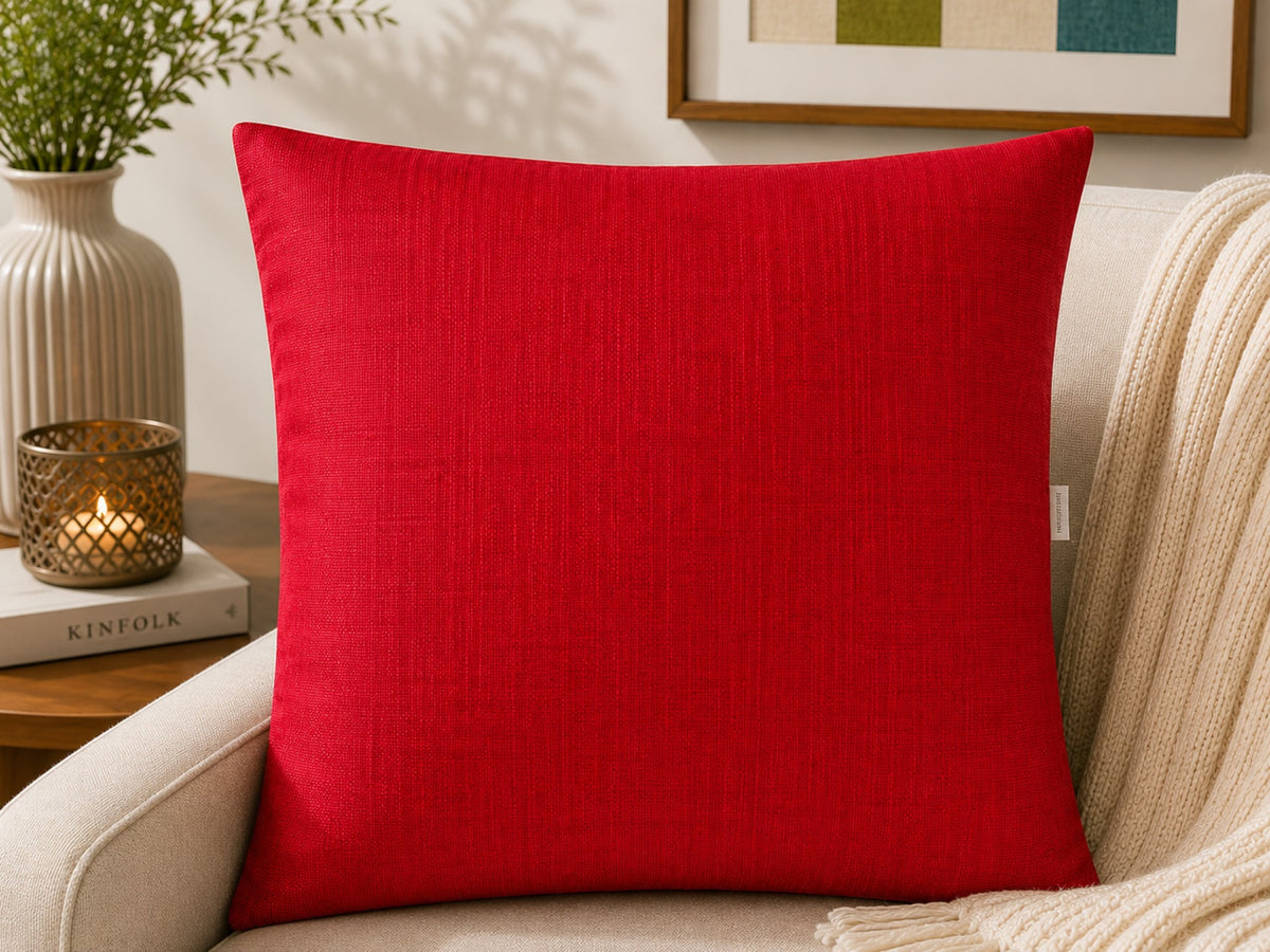 Red plain cotton cushion cover with textured fabric finish