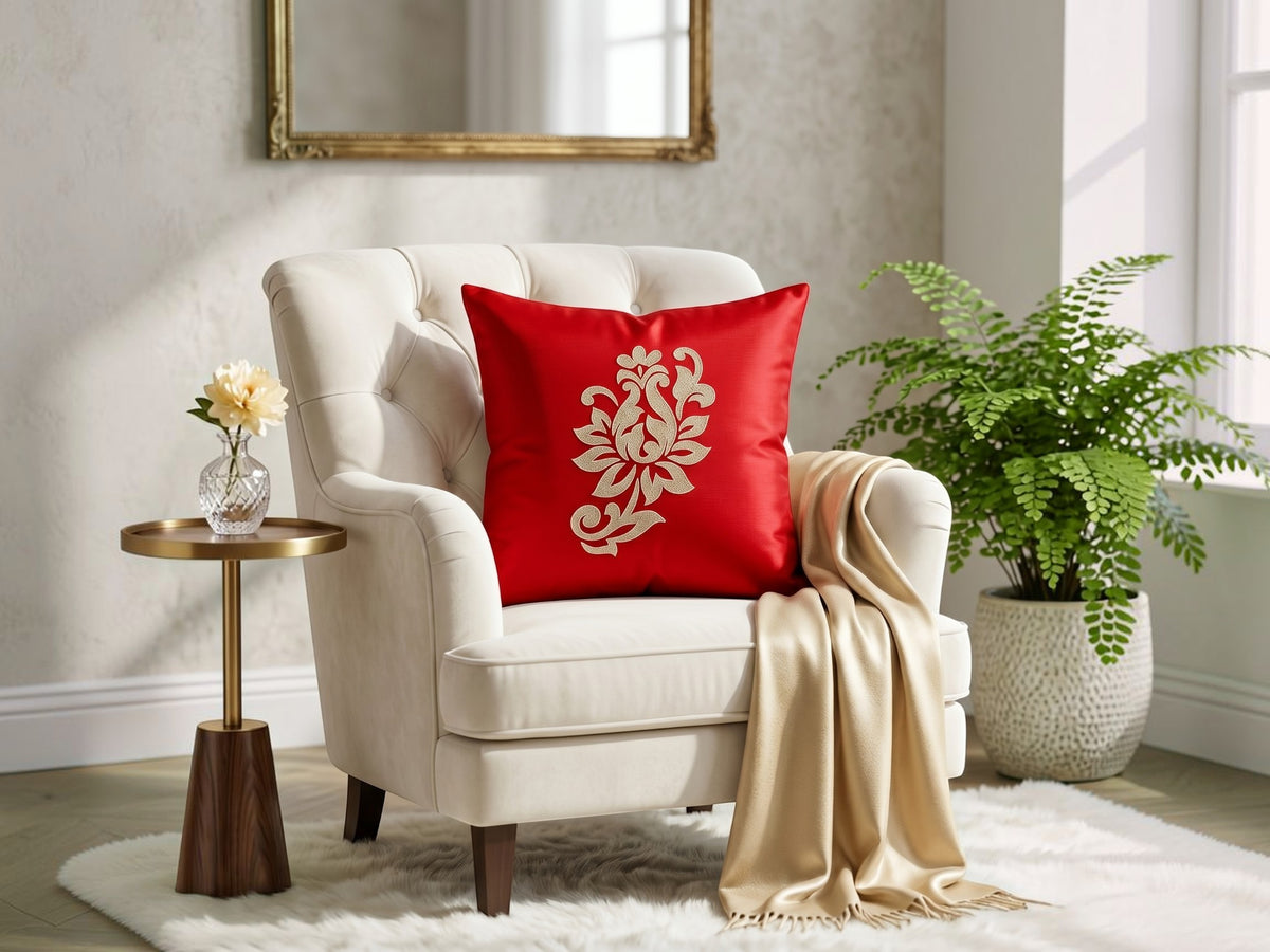 Red velvet cushion cover with gold floral embroidery design 16x16 inch