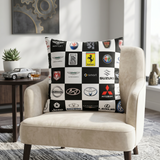 Reversible black and white polysilk cushion cover featuring automotive logo checkerboard print
