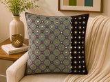 Sage green polysilk cushion cover featuring embroidered motifs with decorative bead work accents