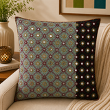 Sage green polysilk cushion cover featuring embroidered motifs with decorative bead work accents