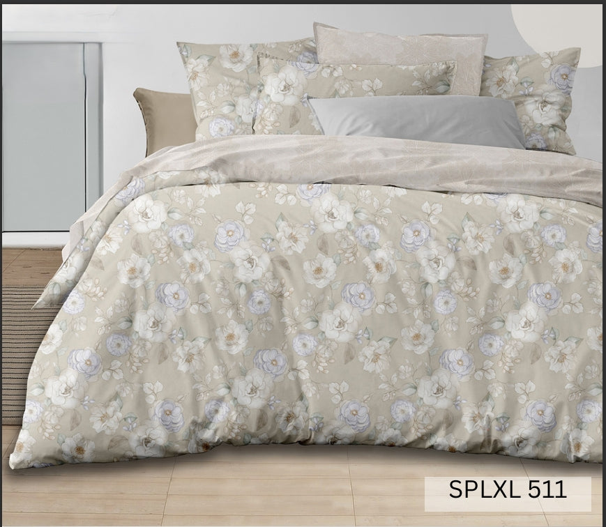Sage-taupe bedsheet with large white anemone blooms, English Home 220TC SPLXL511