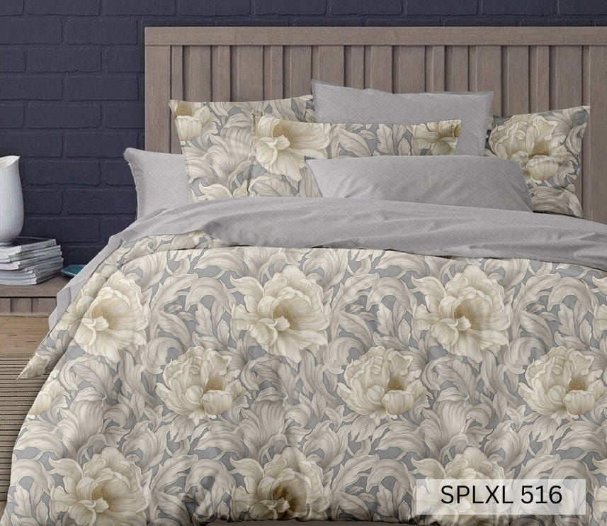 Grey bedsheet with cream and grey oversized peonies, English Home 220TC SPLXL516
