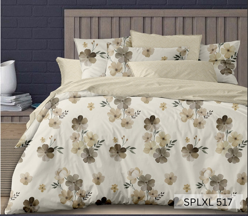 Cream bedsheet with grey, olive and mustard poppies, English Home 220TC SPLXL517