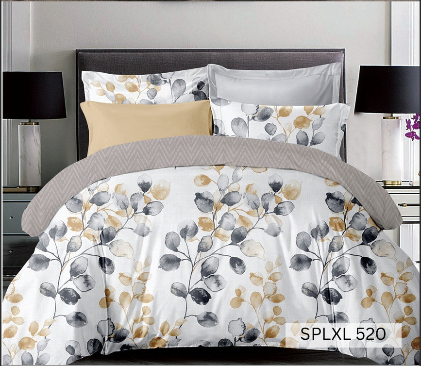 White bedsheet with grey and mustard eucalyptus leaves, English Home 220TC SPLXL520
