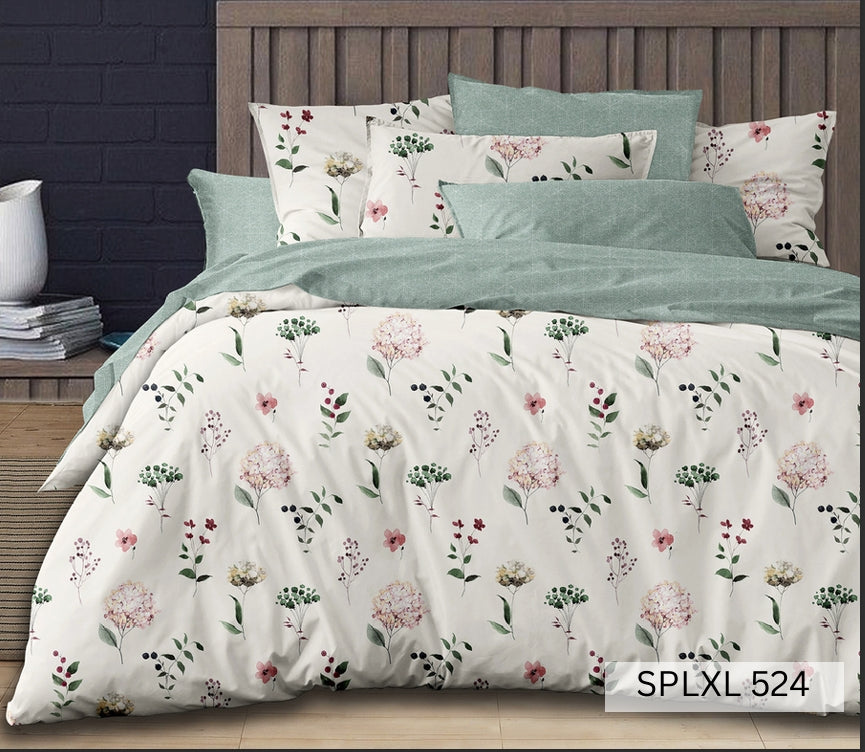White bedsheet with pink and green wildflower sprigs, English Home 220TC SPLXL524
