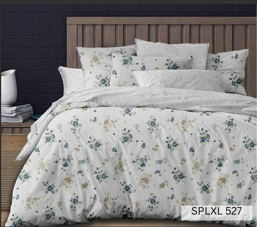 White bedsheet with small teal and olive floral sprigs, English Home 220TC SPLXL527