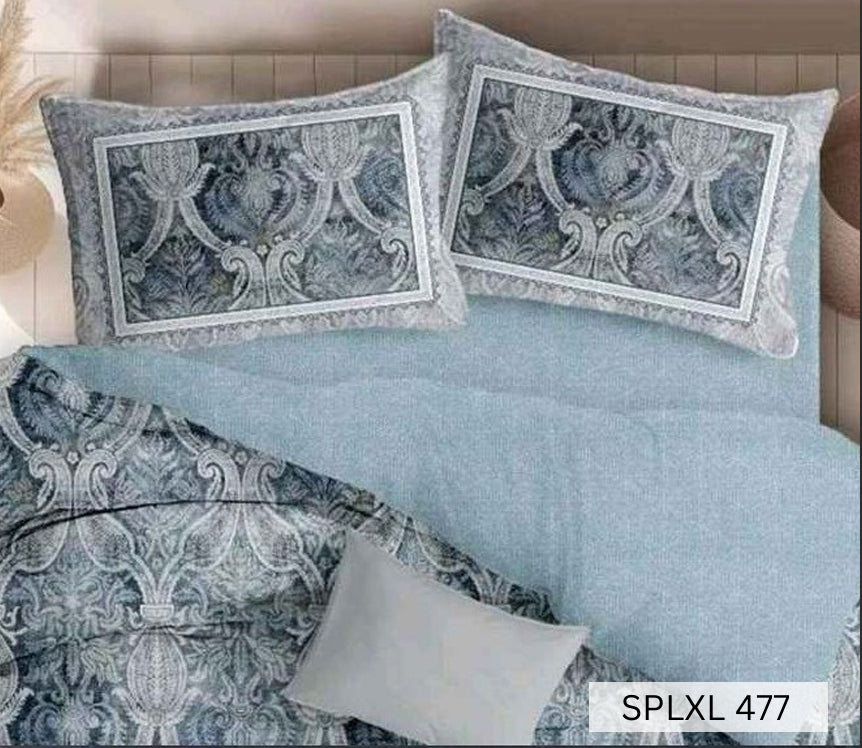 Blue-grey baroque medallion panels on soft blue chambray, English Home SPLXL477