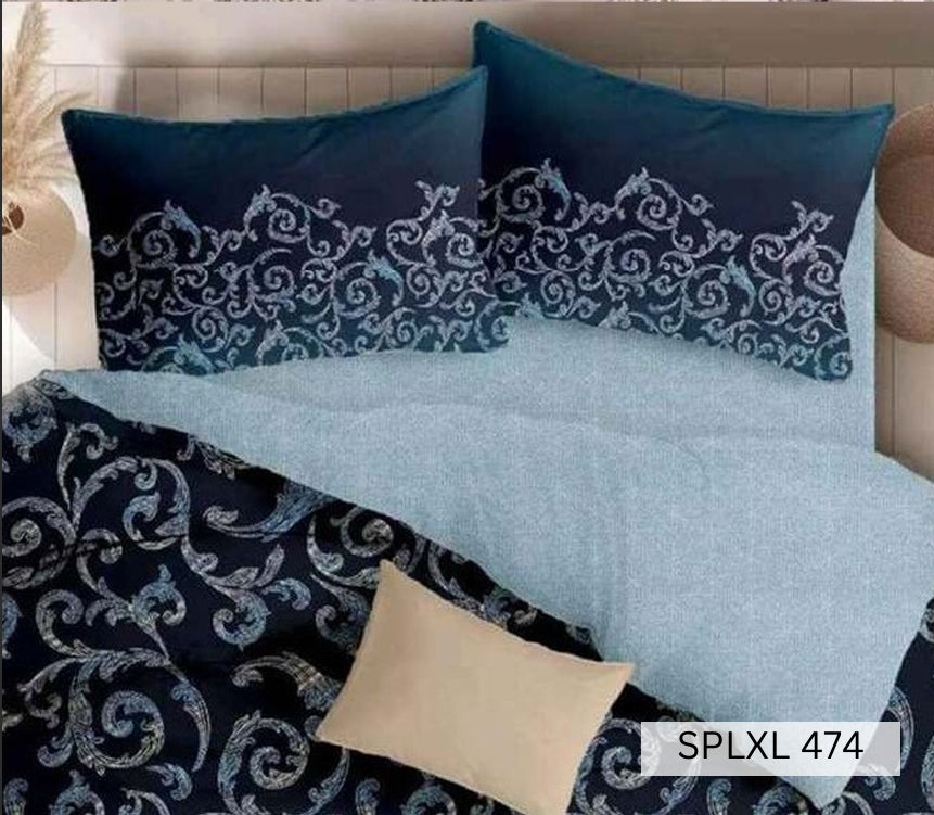 Navy bedsheet with white damask scroll border and ice-blue sheet, English Home SPLXL474