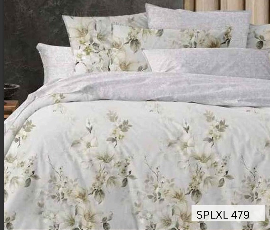 Pale grey bedsheet with sage and cream trailing lilies, English Home 220TC SPLXL479