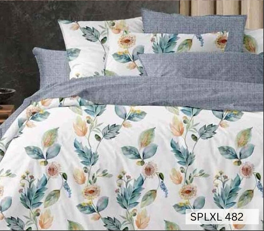 White bedding with teal leaves and cream roses, denim-blue reverse, SPLXL482