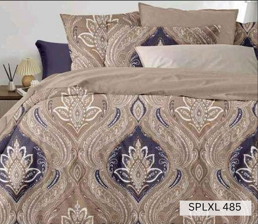 Mocha bedding with navy and cream lotus paisley medallions, English Home SPLXL485