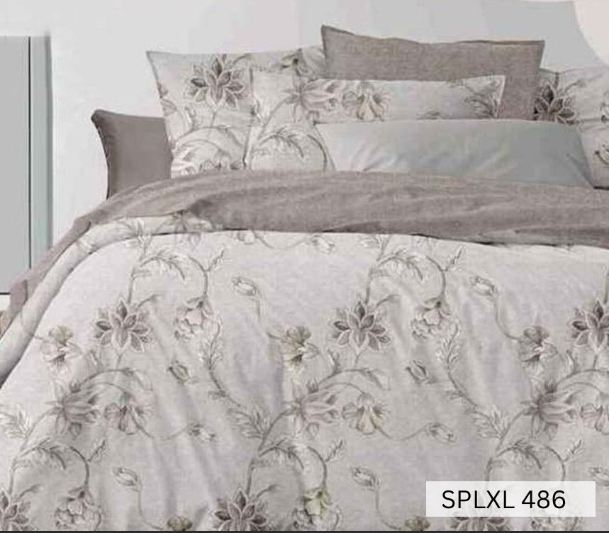 Pale grey bedsheet with grey-green trailing floral vine, English Home SPLXL486