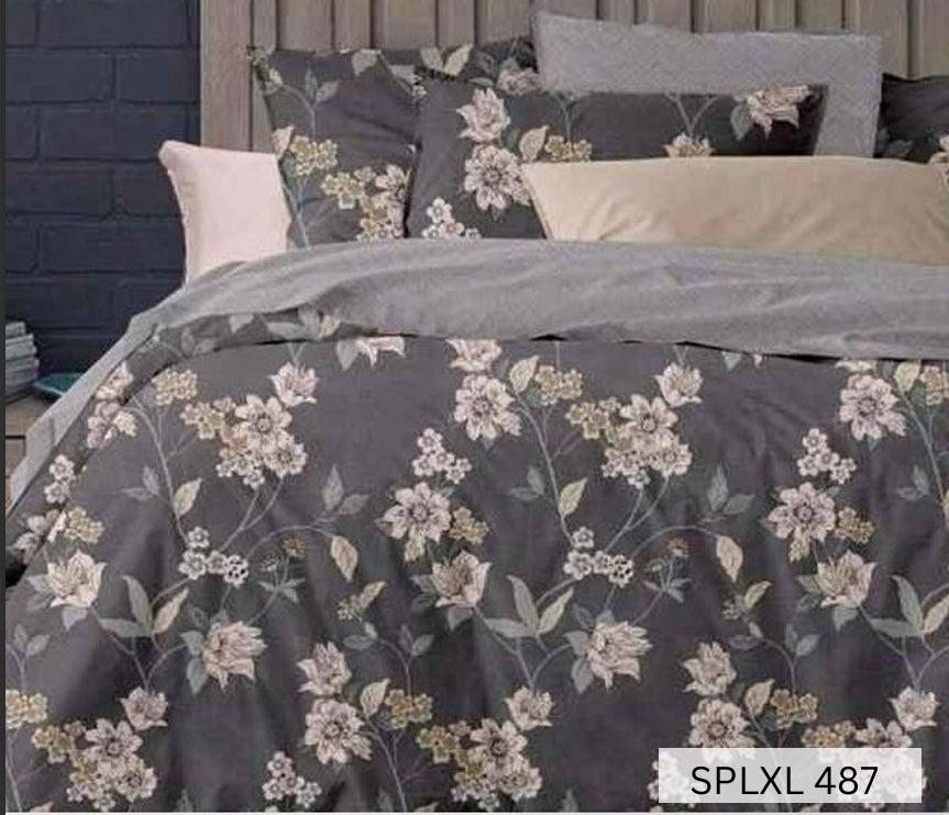 Charcoal grey bedsheet with white blossom sprays, English Home 220TC SPLXL487