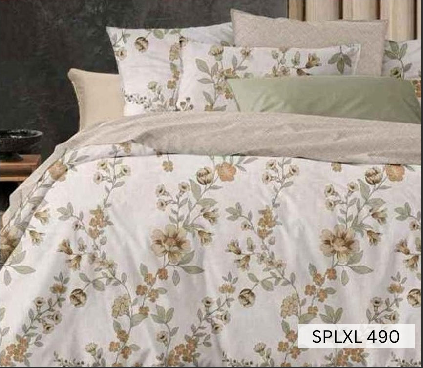 Cream bedsheet with soft gold and olive trailing floral vine, English Home 220TC