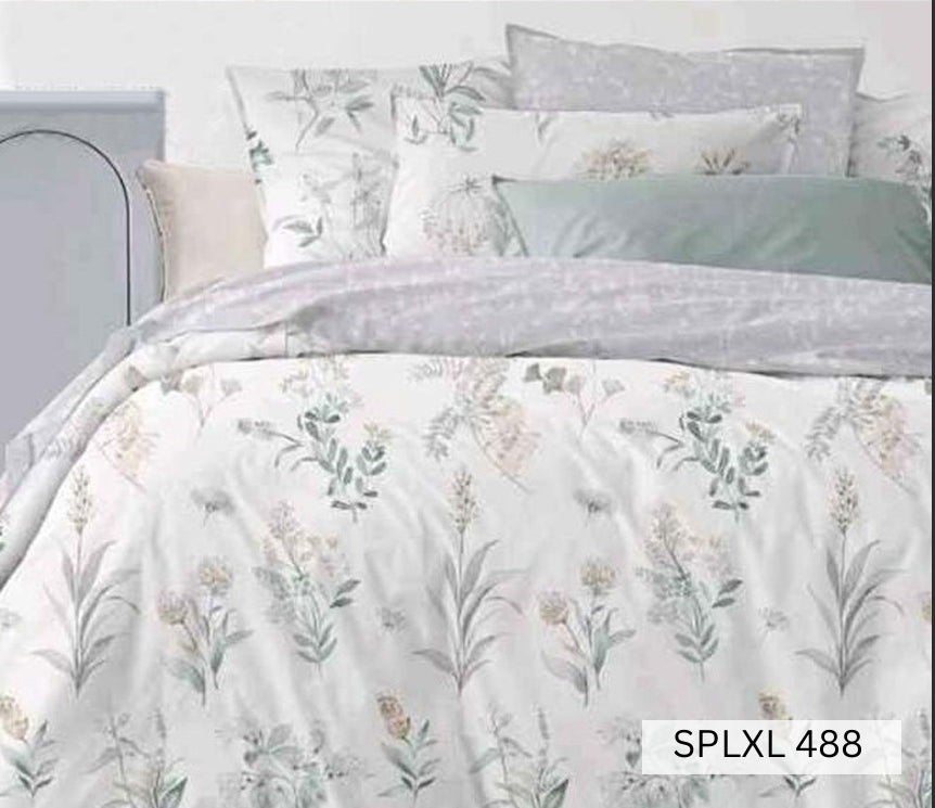 White bedsheet with fine olive and gold botanical stems, English Home 220TC SPLXL488