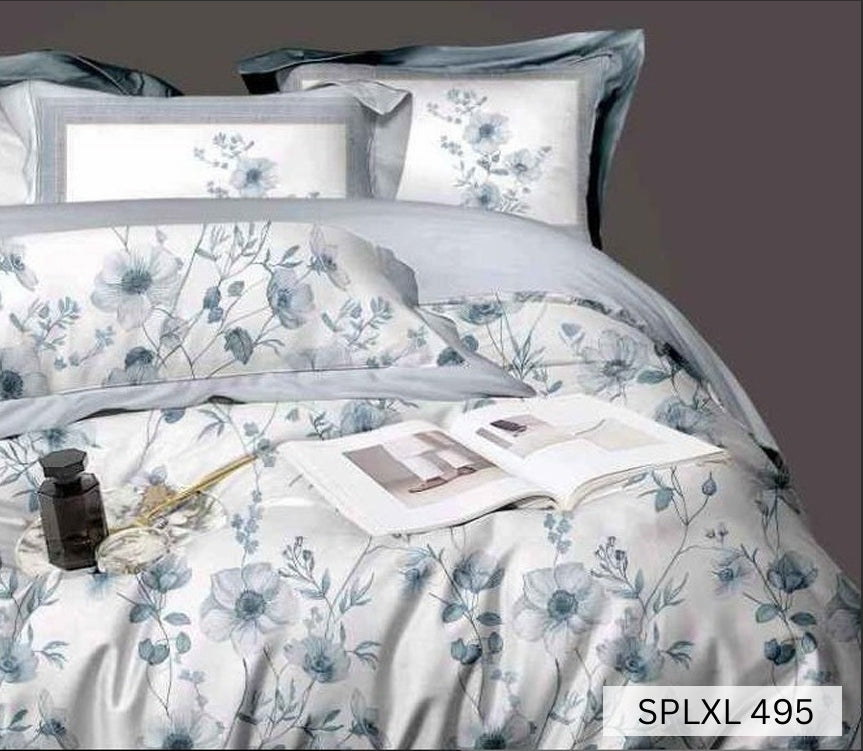 White bedsheet with soft blue watercolour poppies, English Home 220TC