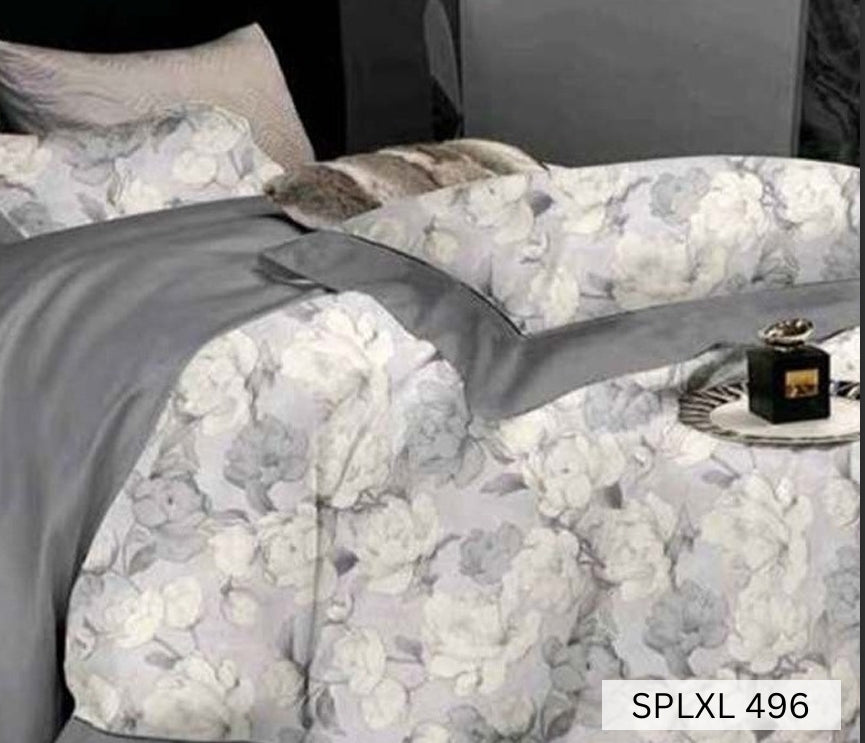 Grey and white oversized rose bloom bedsheet with grey sheet, English Home 220TC