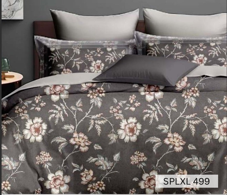 Charcoal grey bedsheet with cream and rust trailing blossom, English Home 220TC