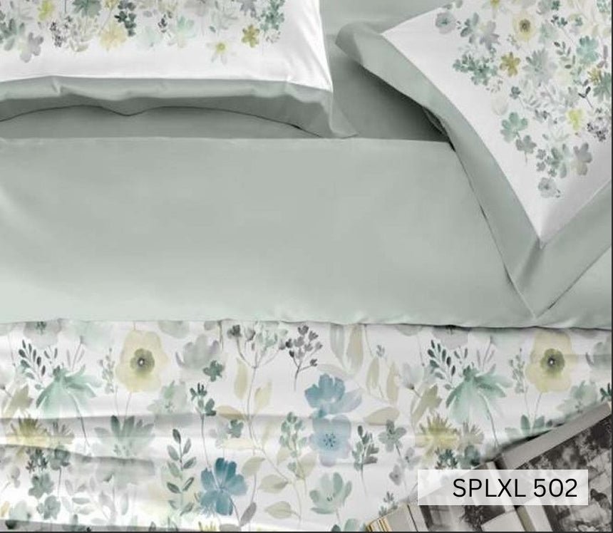 White bedsheet with soft blue and sage watercolour flowers, English Home 220TC
