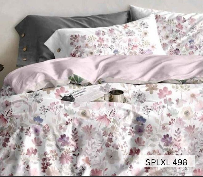 White bedsheet with dense pink and lilac meadow flowers, English Home 220TC SPLXL498