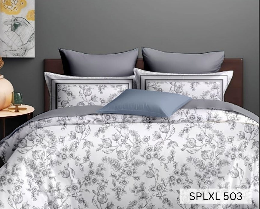 White bedsheet with fine grey outline floral trails, English Home 220TC