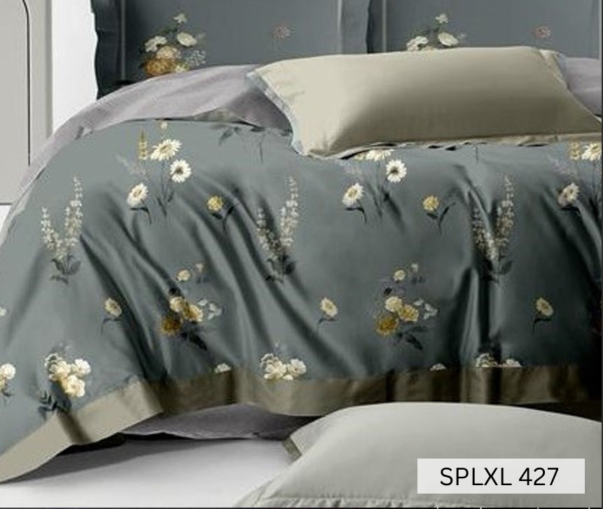Slate green bedsheet with cream and gold daisy sprays, English Home 220TC