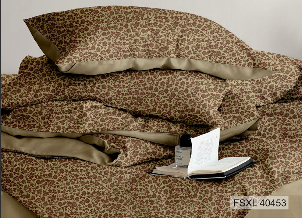 Brown floral print bedsheet with olive satin border, Four Seasons 350TC FSXL 40453