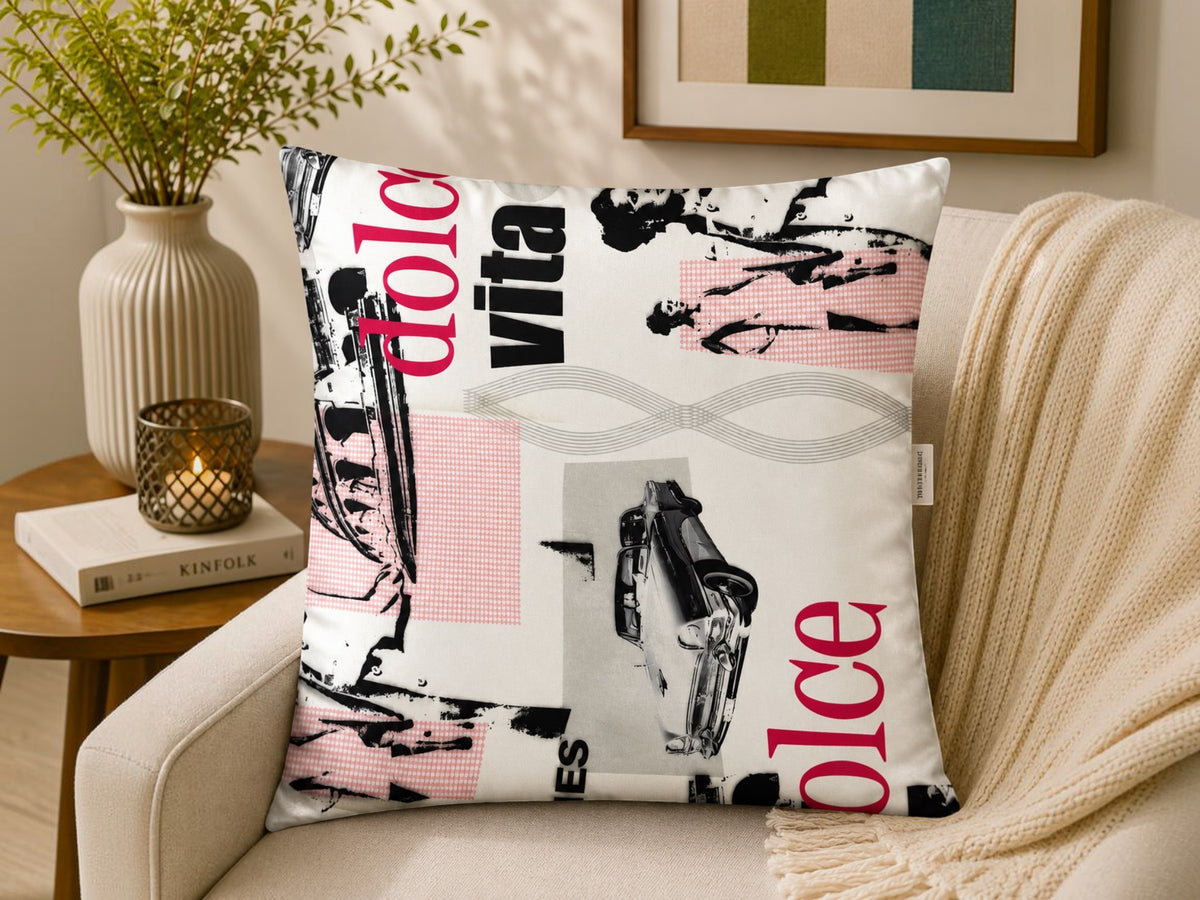 White typography printed polysilk cushion cover with vintage car graphics