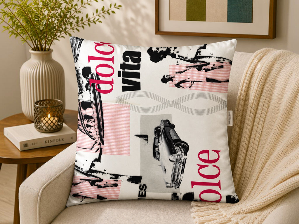 White typography printed polysilk cushion cover with vintage car graphics