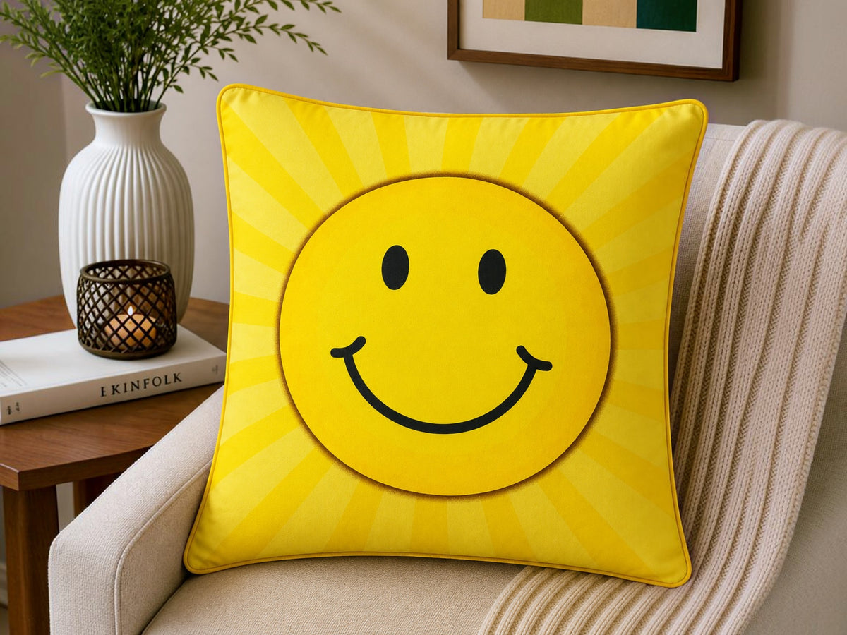Yellow smiley printed cotton cushion cover with cheerful graphic design