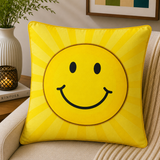 Yellow smiley printed cotton cushion cover with cheerful graphic design
