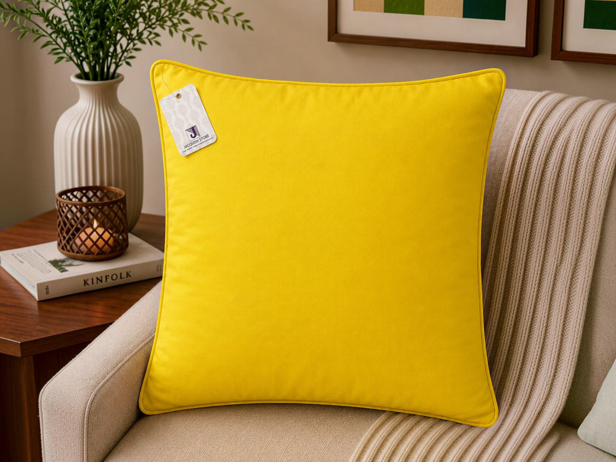 Yellow smiley printed cotton cushion cover with cheerful graphic design