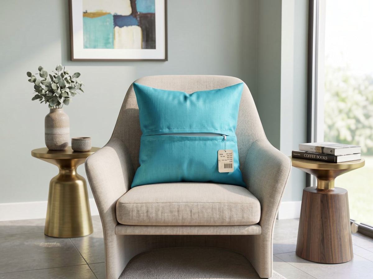 Blue plain polysilk cushion cover on a beige accent chair with a smooth solid color finish
