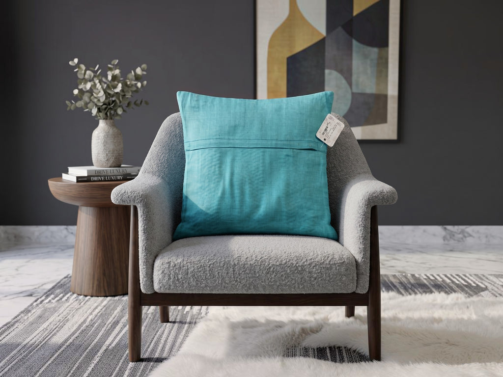 Blue pleated geometric poly silk cushion cover with textured designer pattern