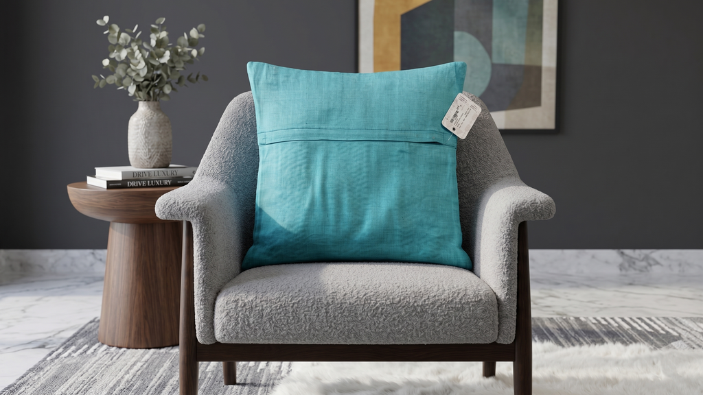 Blue pleated geometric poly silk cushion cover with textured designer pattern
