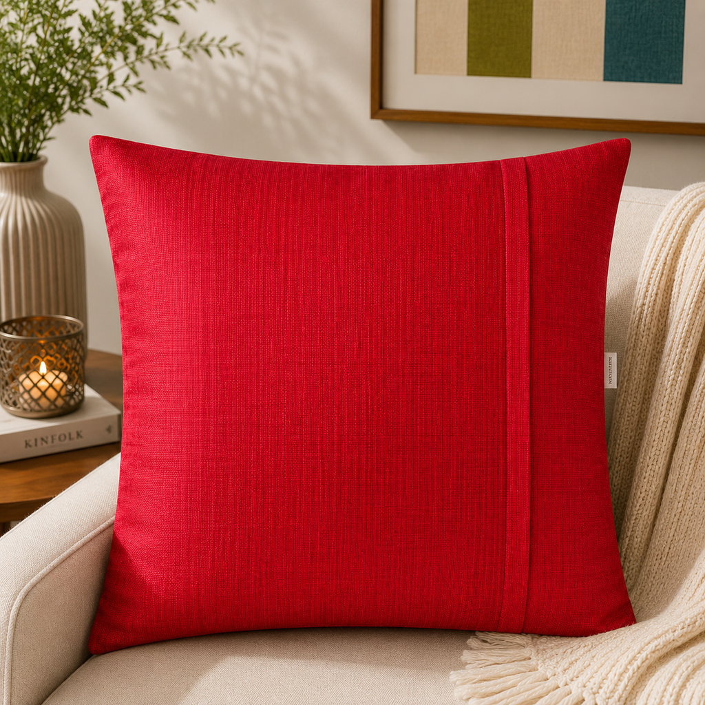 Red plain cotton cushion cover with textured fabric finish