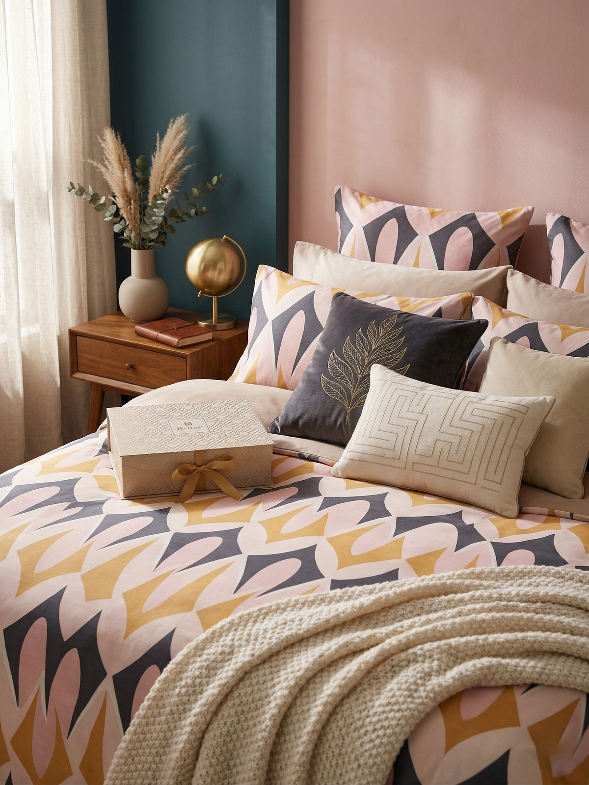 Bed dressed in a mustard, navy and blush geometric bedsheet with matching cushions