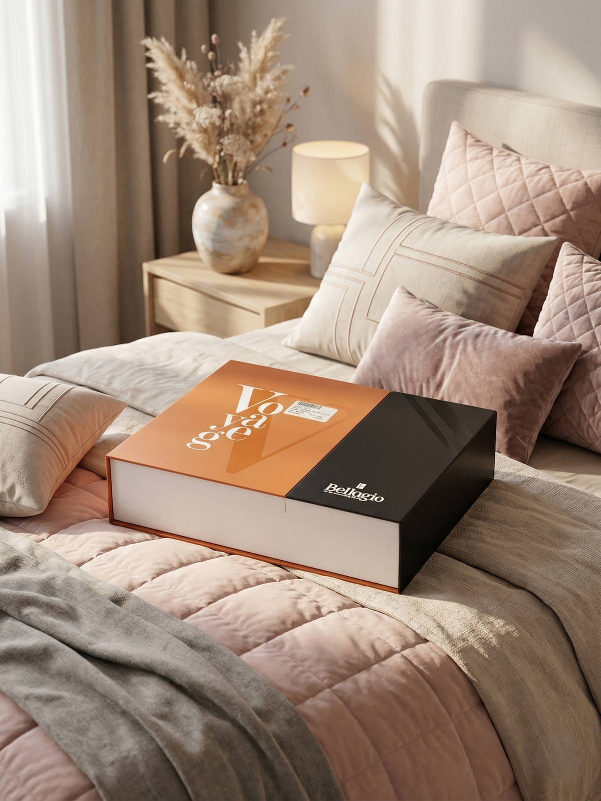 Closed Voyage gift box on a bed dressed in blush and grey bedding