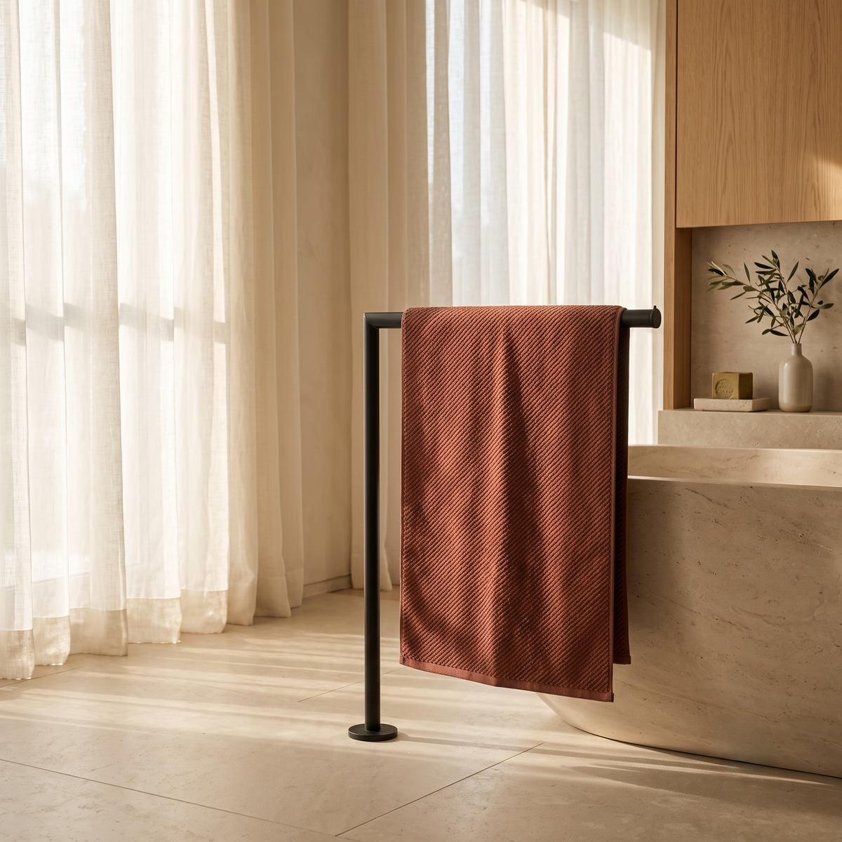 Brown plain cotton bath towel folded on a wooden bathroom 