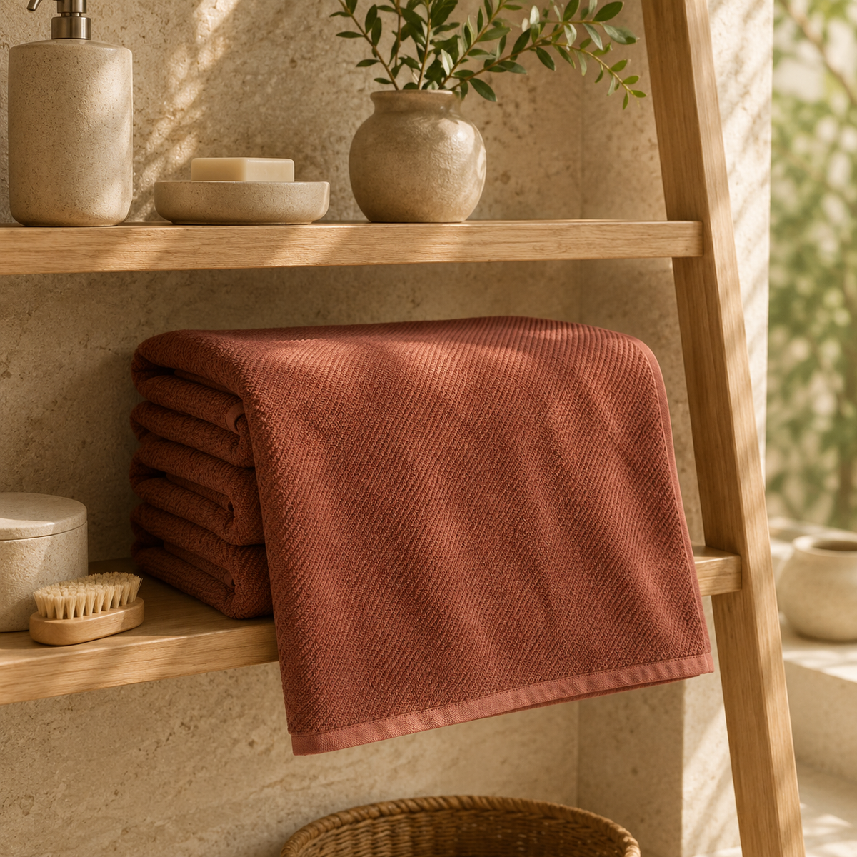 Brown plain cotton bath towel folded on a wooden bathroom shelf