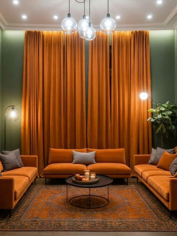 Living room with floor-length rust curtains and a matching sofa