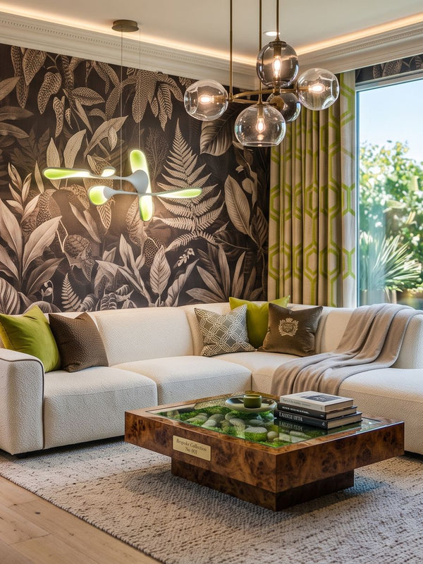 Living room with a botanical wallpaper wall