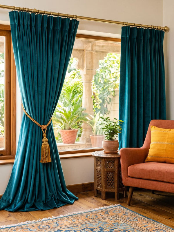 Teal velvet curtains tied back beside an armchair