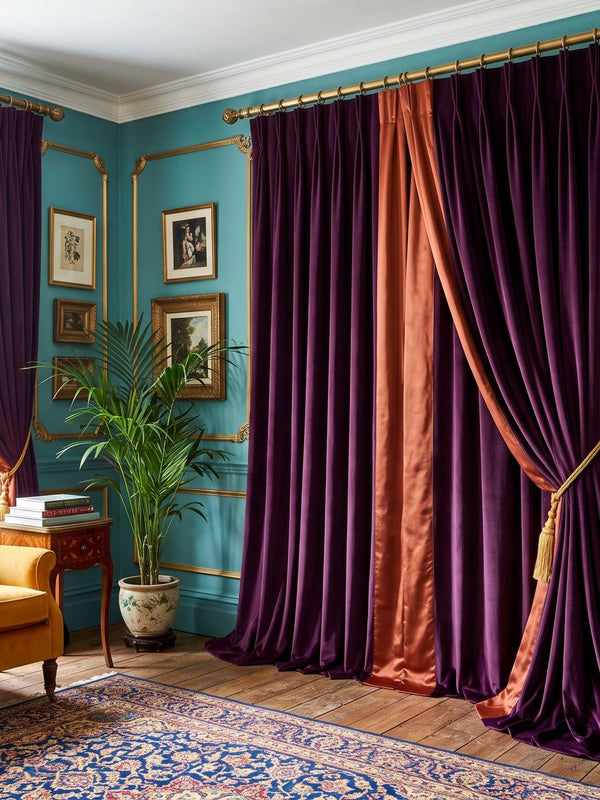 Purple and rust velvet curtains in a teal room