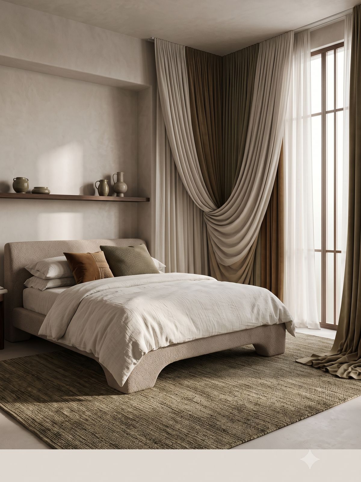Draped curtains framing a bedroom window
