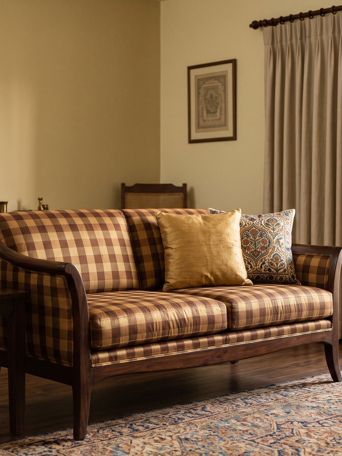 Checked upholstered sofa in a warm living room