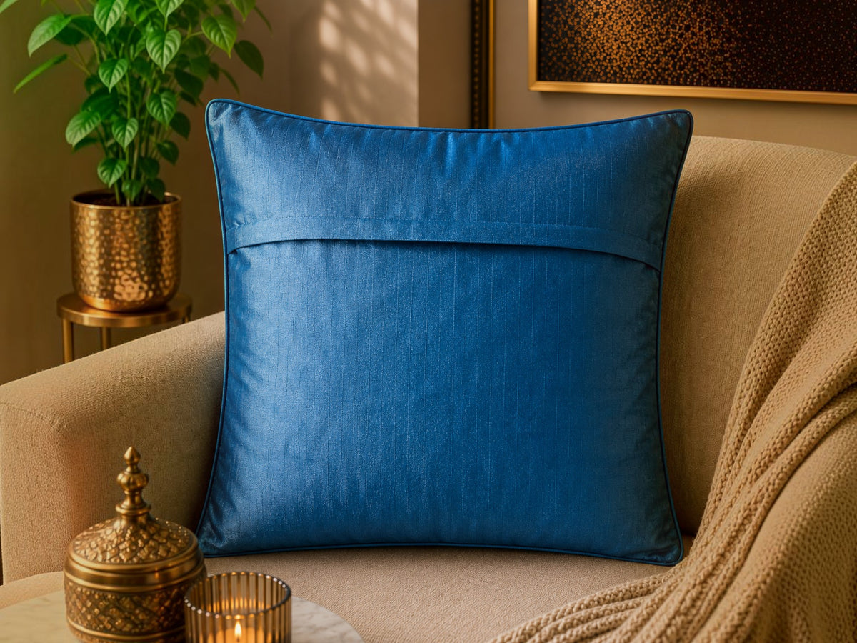 Jagdish Store blue cushion cover with intricate silver sequin and bead floral embroidery and border. Approx 16x16 inches.