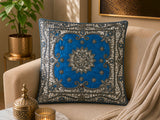 Jagdish Store blue cushion cover with intricate silver sequin and bead floral embroidery and border. Approx 16x16 inches.