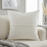 Jagdish Store cream throw pillow cover with staggered metallic silver leather rectangular accents for modern home decor.